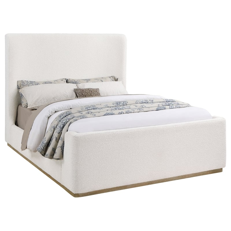 Pemberly Row Fabric Upholstered Eastern King Wingback Platform Sleigh Bed Cream