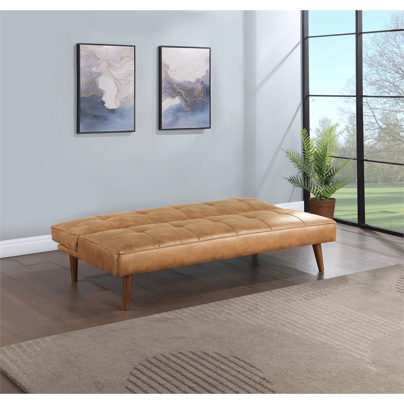 Pemberly Row Faux Leather Tufted Convertible Sofa Bed Saddle Brown