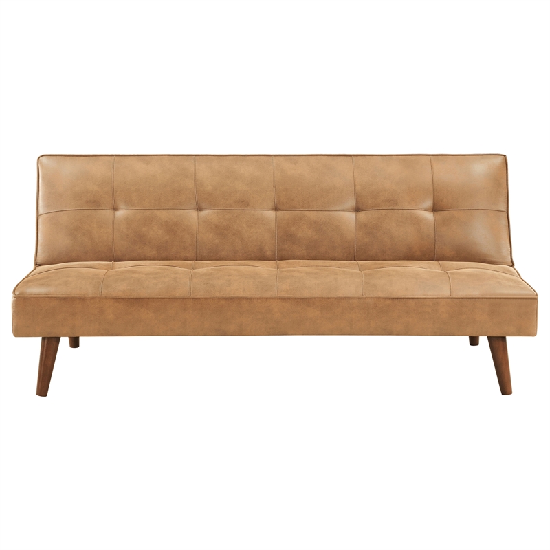 Pemberly Row Faux Leather Tufted Convertible Sofa Bed Saddle Brown