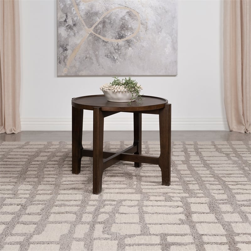 Pemberly Row Transitional Round Solid Wood End Table in Dark Brown