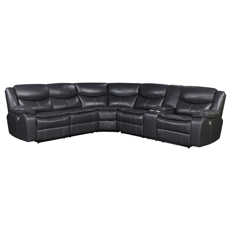 Pemberly Row Faux Leather Power Reclining Sectional Sofa Dark Gray