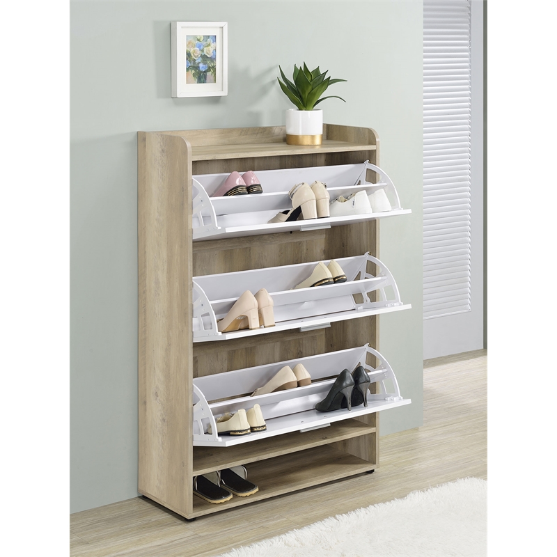 Pemberly Row 3-tier Wood Shoe Storage Cabinet Antique Pine and White