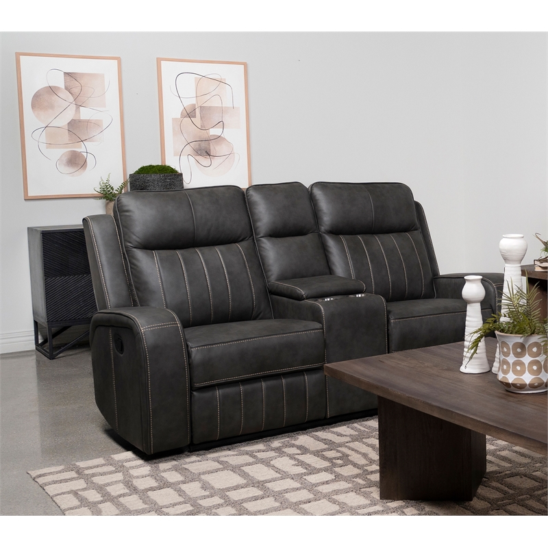 Pemberly Row Faux Leather Upholstered Motion Reclining Loveseat Gray
