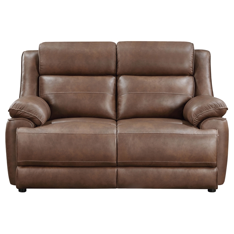 Pemberly Row Faux Leather Upholstered Padded Arm Loveseat Dark Brown