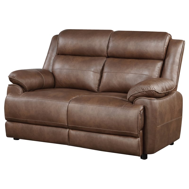 Pemberly Row Faux Leather Upholstered Padded Arm Loveseat Dark Brown
