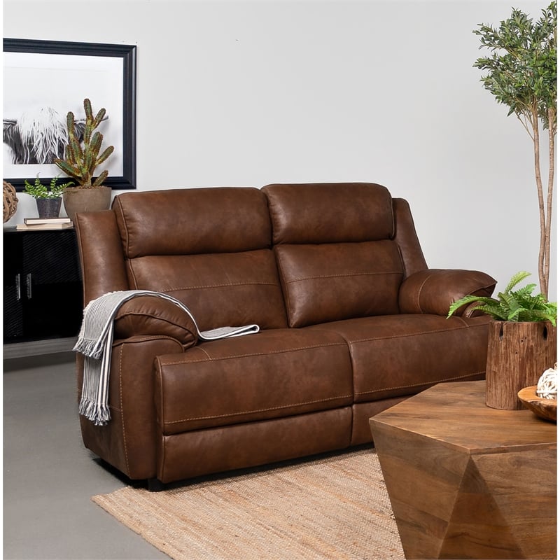 Pemberly Row Faux Leather Upholstered Padded Arm Loveseat Dark Brown