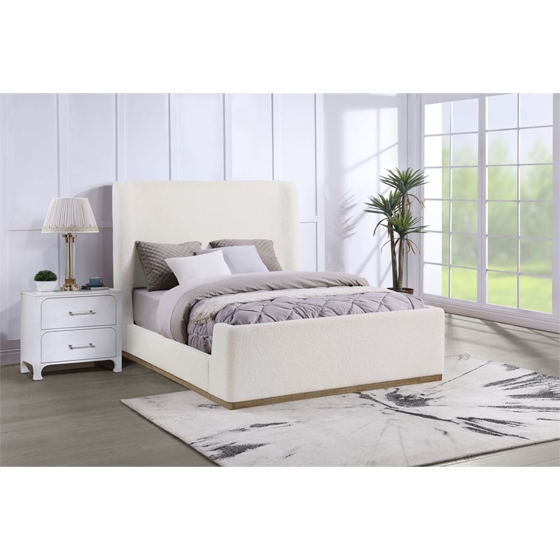 Pemberly Row Fabric Upholstered Queen Wingback Platform Sleigh Bed Cream