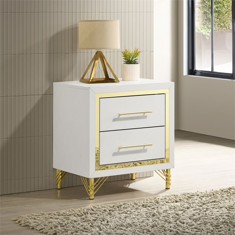 Pemberly Row Modern 2-drawer Wood Nightstand Bedside Table White and Gold