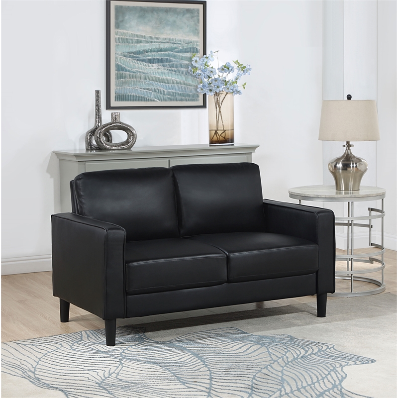 Pemberly Row Faux Leather Upholstered Track Arm Faux Leather Loveseat Black