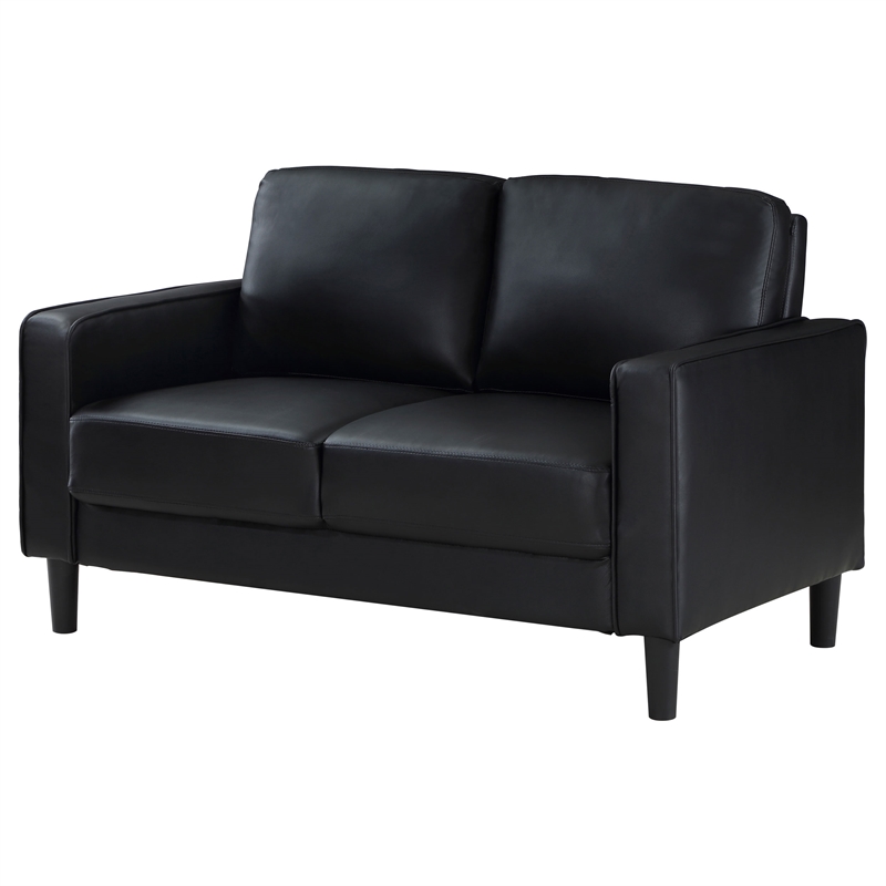Pemberly Row Faux Leather Upholstered Track Arm Faux Leather Loveseat Black