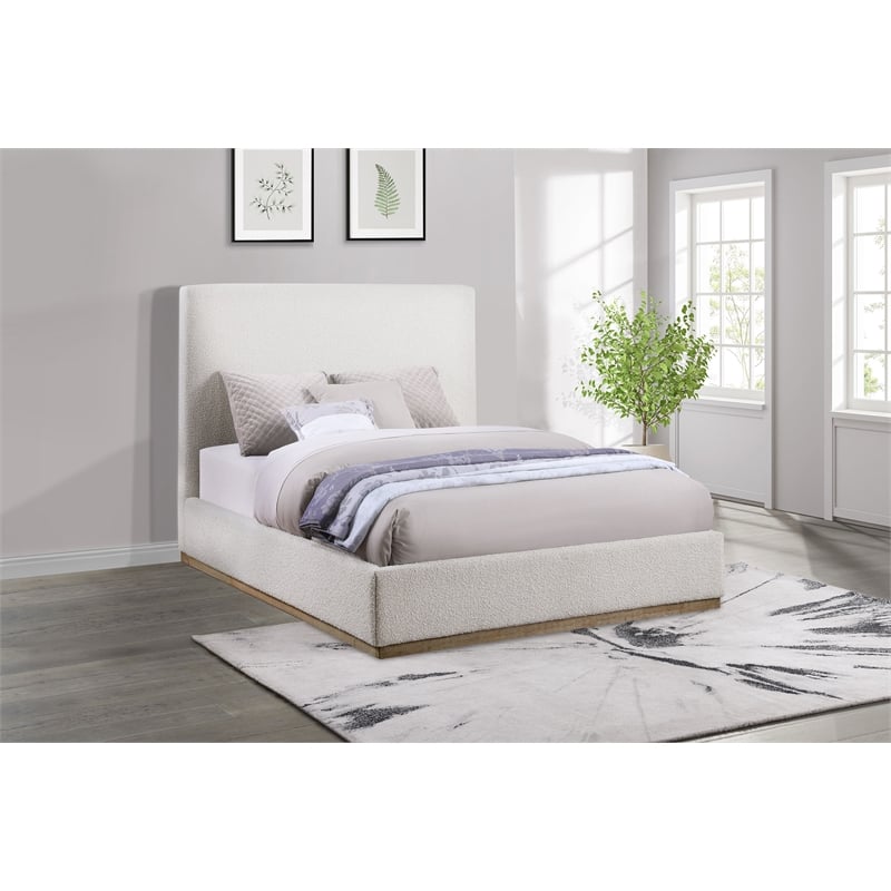 Pemberly Row Transitional Fabric Upholstered Eastern King Platform Bed Cream