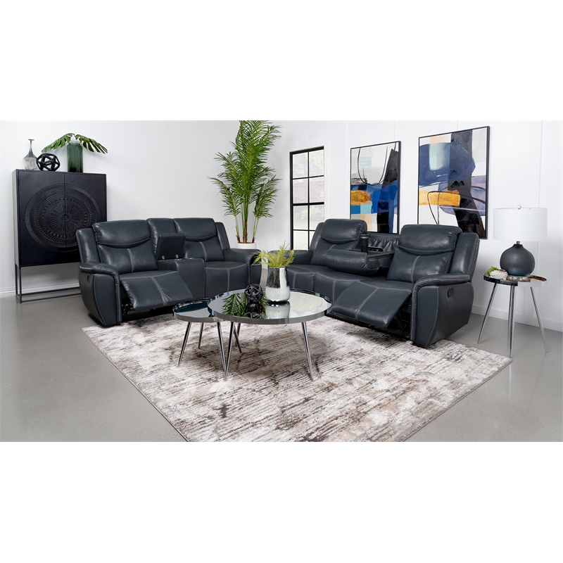 Pemberly Row 2-piece Faux Leather Upholstered Motion Reclining Sofa Set Blue