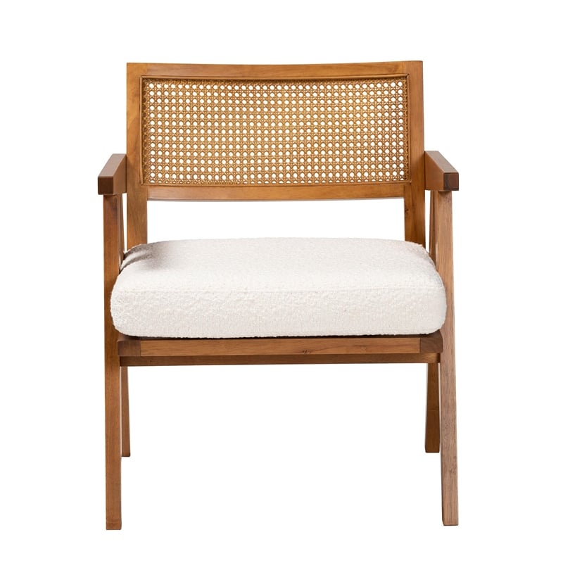 Pemberly Row Cream Boucle Fabric and Walnut Brown Wood Arm Chair