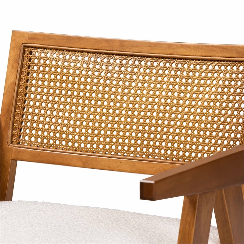 Pemberly Row Cream Boucle Fabric and Walnut Brown Wood Arm Chair