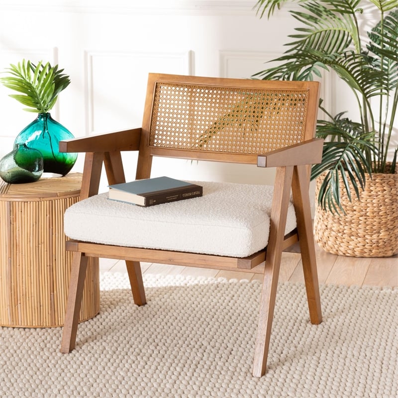 Pemberly Row Cream Boucle Fabric and Walnut Brown Wood Arm Chair