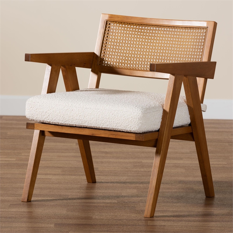 Pemberly Row Cream Boucle Fabric and Walnut Brown Wood Arm Chair