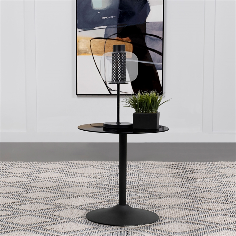 Pemberly Row Round Metal End Table with Tempered Glass Top Black