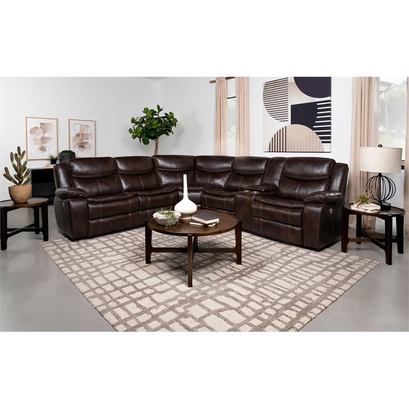 Pemberly Row Faux Leather Power Reclining Sectional Sofa Dark Brown