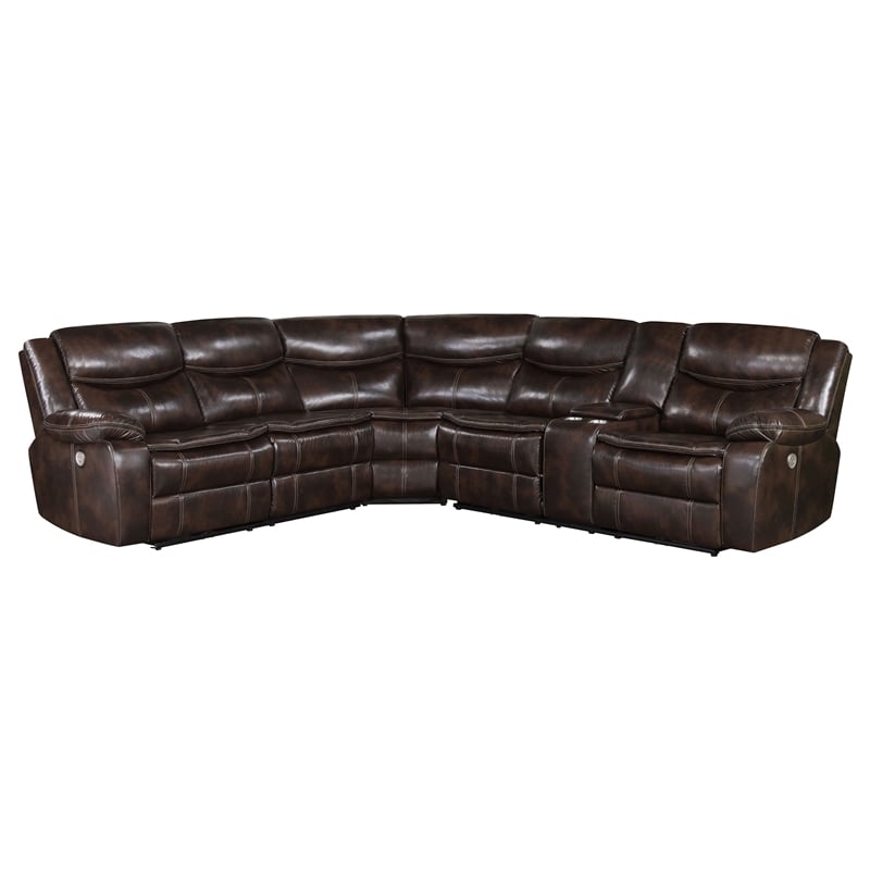 Pemberly Row Faux Leather Power Reclining Sectional Sofa Dark Brown