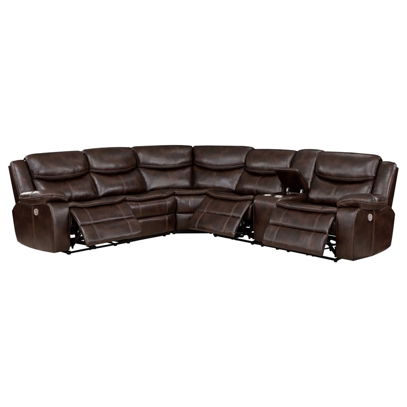 Pemberly Row Faux Leather Power Reclining Sectional Sofa Dark Brown