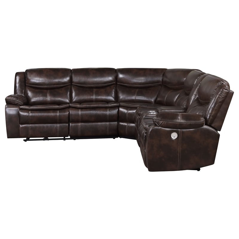 Pemberly Row Faux Leather Power Reclining Sectional Sofa Dark Brown
