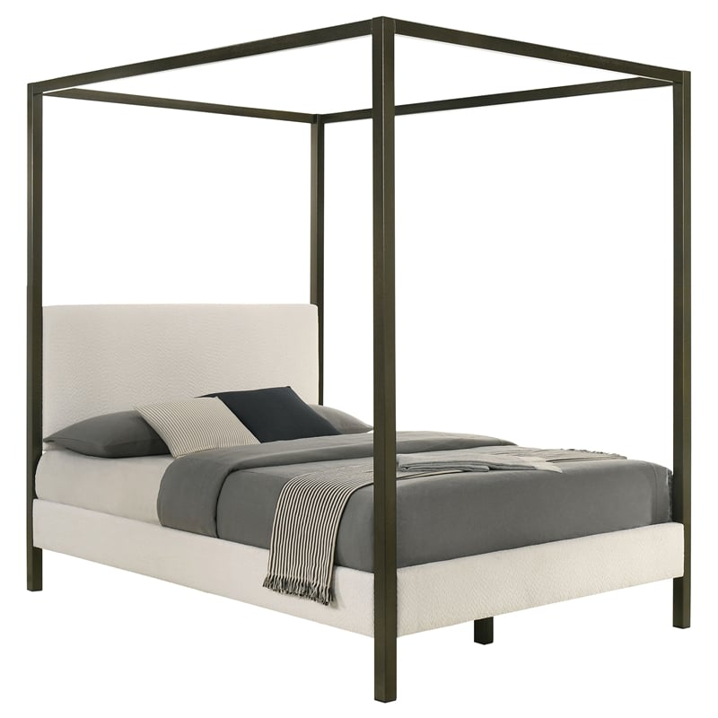 Pemberly Row Fabric Upholstered Queen Canopy Bed Vanilla and Bronze
