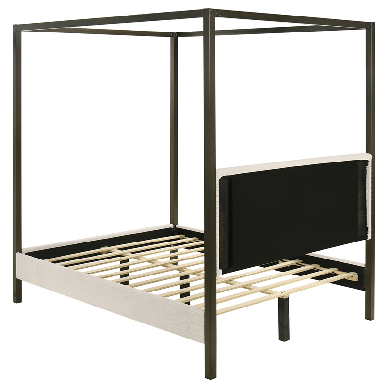 Pemberly Row Fabric Upholstered Queen Canopy Bed Vanilla and Bronze