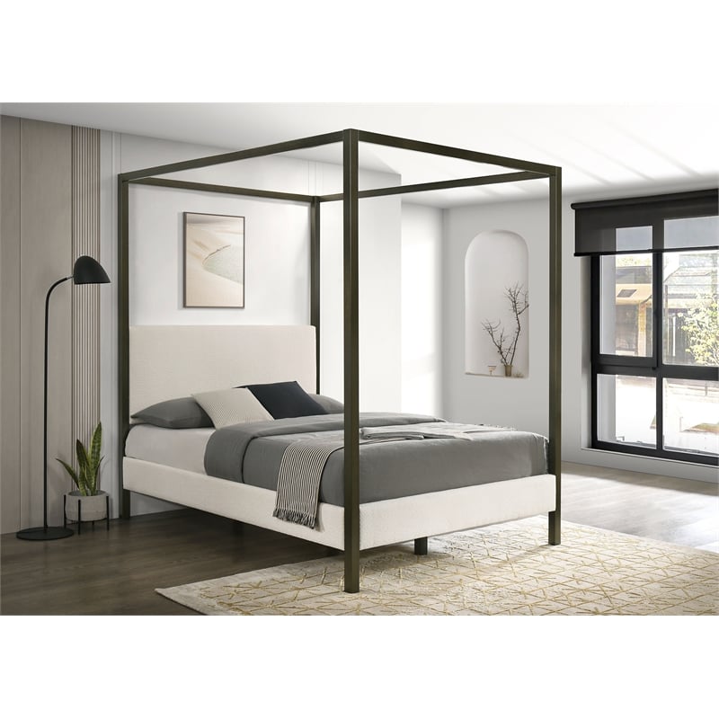 Pemberly Row Fabric Upholstered Queen Canopy Bed Vanilla and Bronze
