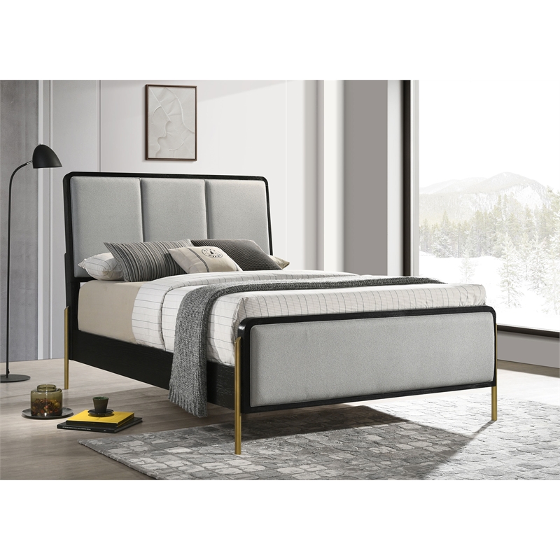 Pemberly Row Queen Bed with Fabric Upholstered Headboard Black and Gray