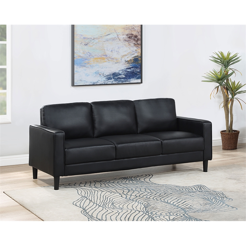 Pemberly Row Faux Leather Upholstered Track Arm Faux Leather Sofa Black