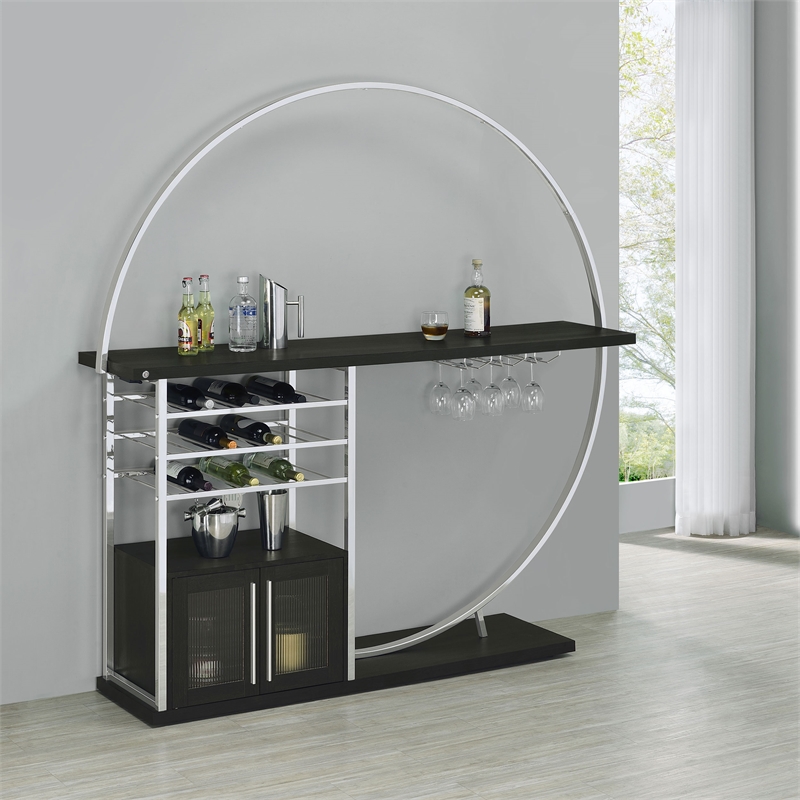Pemberly Row Circular LED Wood Home Bar with Wine Storage Dark Charcoal