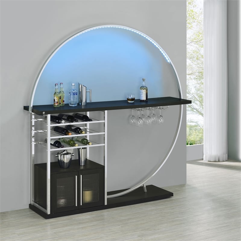 Pemberly Row Circular LED Wood Home Bar with Wine Storage Dark Charcoal