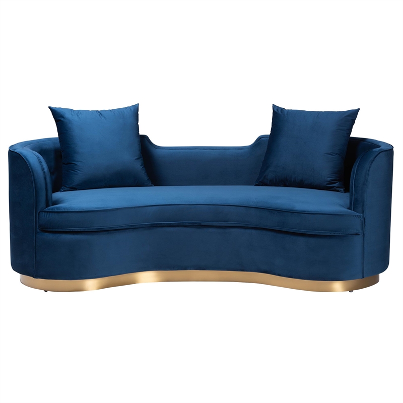 Pemberly Row Glam and Luxe Navy Blue Velvet and Brushed Gold Metal Sofa