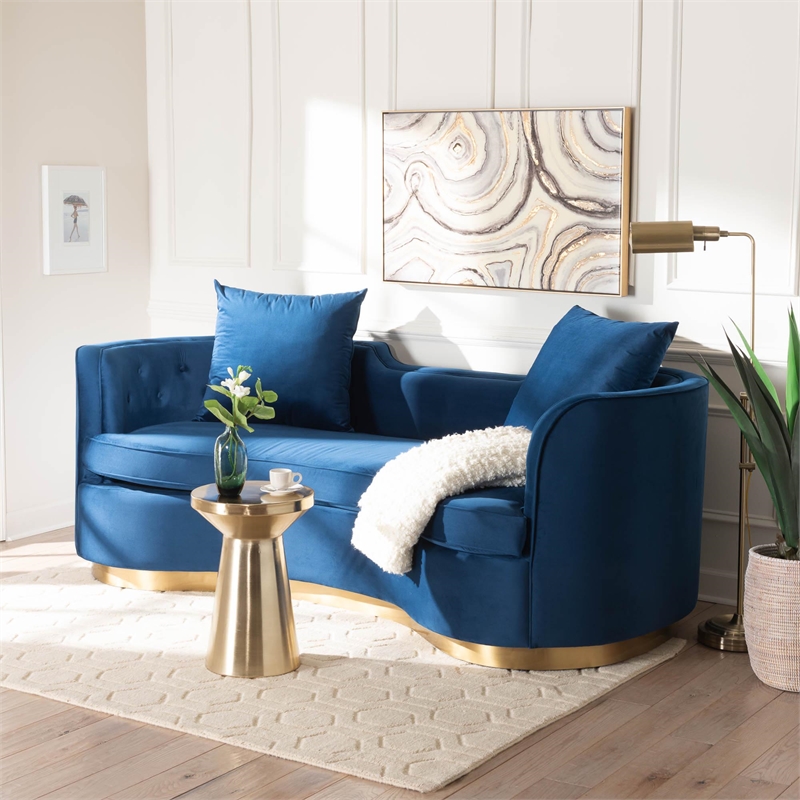 Pemberly Row Glam and Luxe Navy Blue Velvet and Brushed Gold Metal Sofa