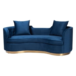 Pemberly Row Glam and Luxe Navy Blue Velvet and Brushed Gold Metal Sofa