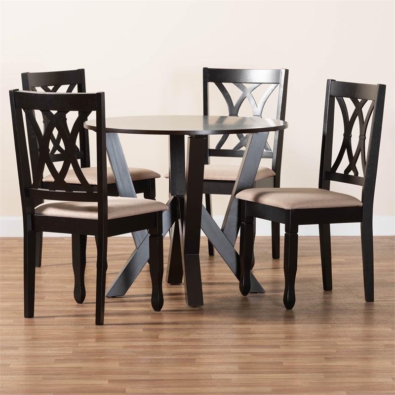 Pemberly Row Sand Fabric and Dark Brown Finished Wood 5-Piece Dining Set