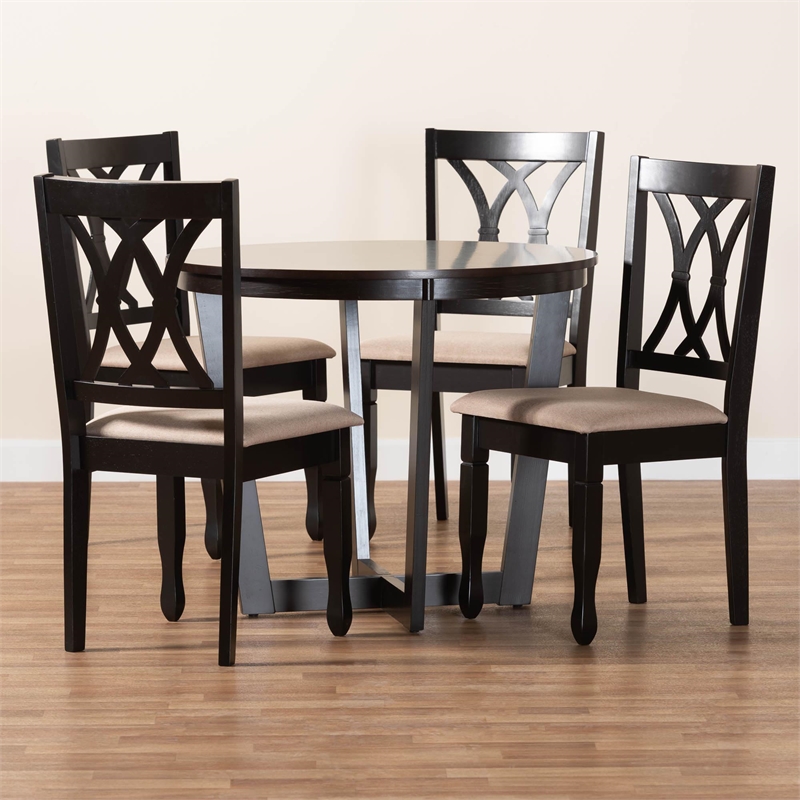 Pemberly Row Sand Fabric and Dark Brown Finished Wood 5-Piece Dining Set