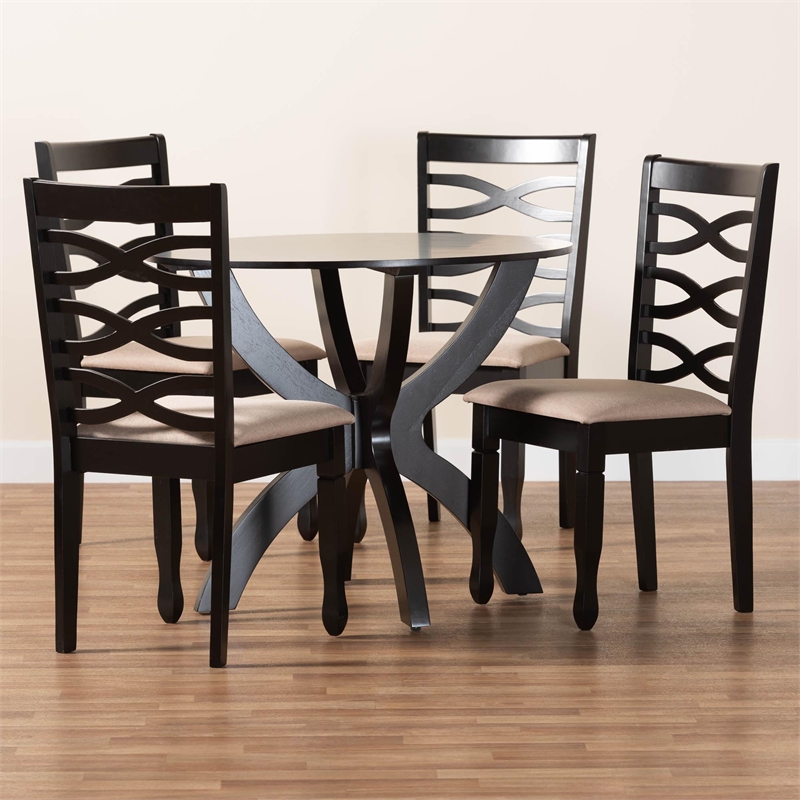 Pemberly Row Sand Fabric and Dark Brown Finished Wood 5-Piece Dining Set