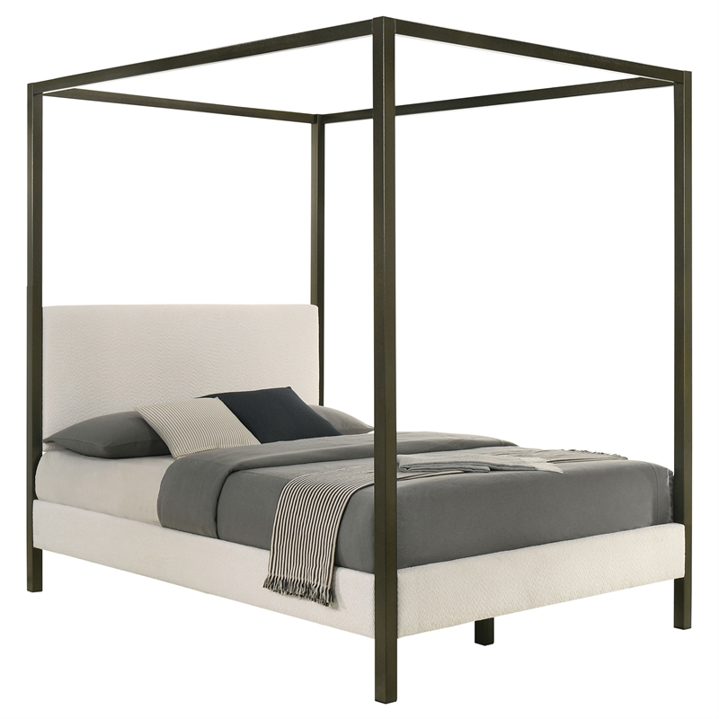 Pemberly Row Fabric Upholstered Eastern King Canopy Bed Vanilla and Bronze