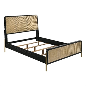 Pemberly Row Wood Eastern King Bed Woven Rattan Headboard Black and Natural