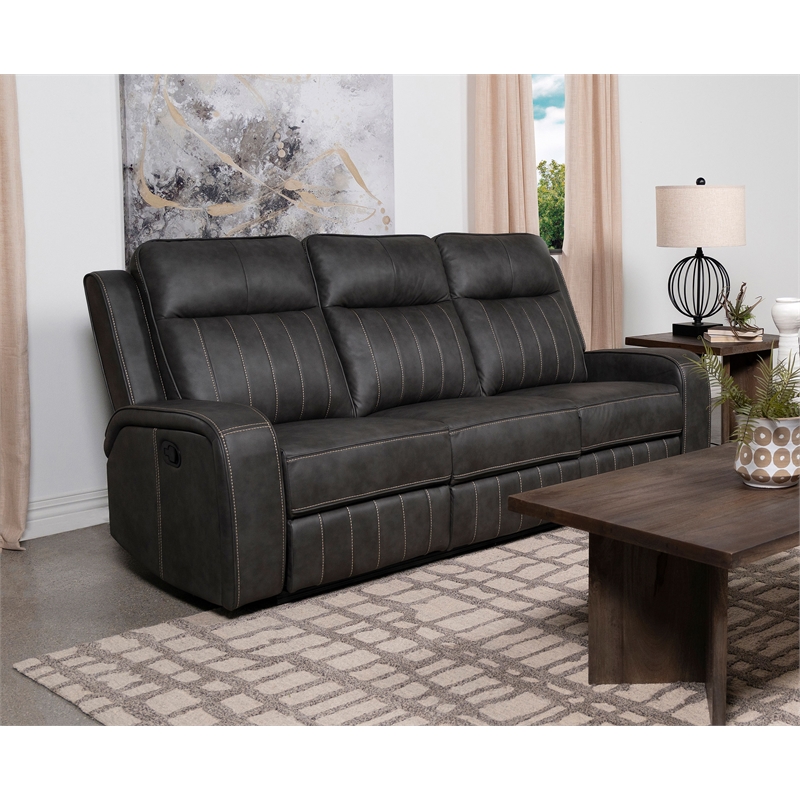 Pemberly Row Faux Leather Upholstered Motion Reclining Sofa Gray