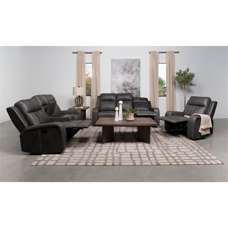 Pemberly Row Faux Leather Upholstered Motion Reclining Sofa Gray