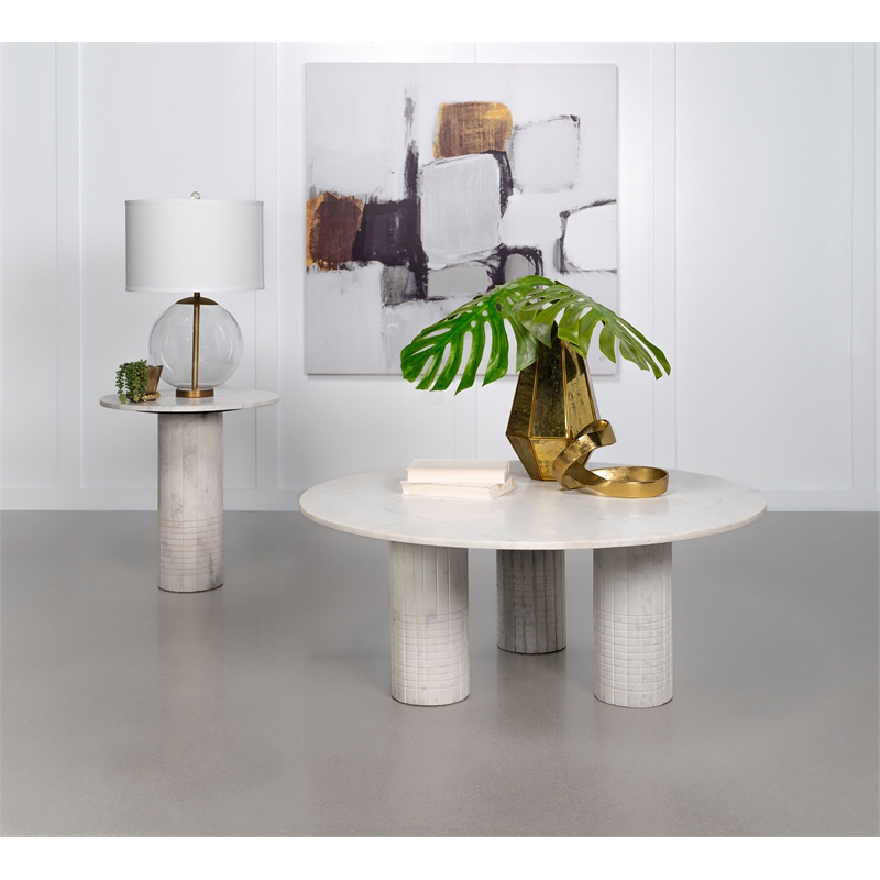 Pemberly Row Modern Wood Round Genuine Marble Coffee Table White