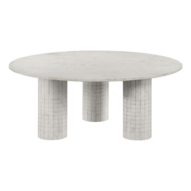 Pemberly Row Modern Wood Round Genuine Marble Coffee Table White