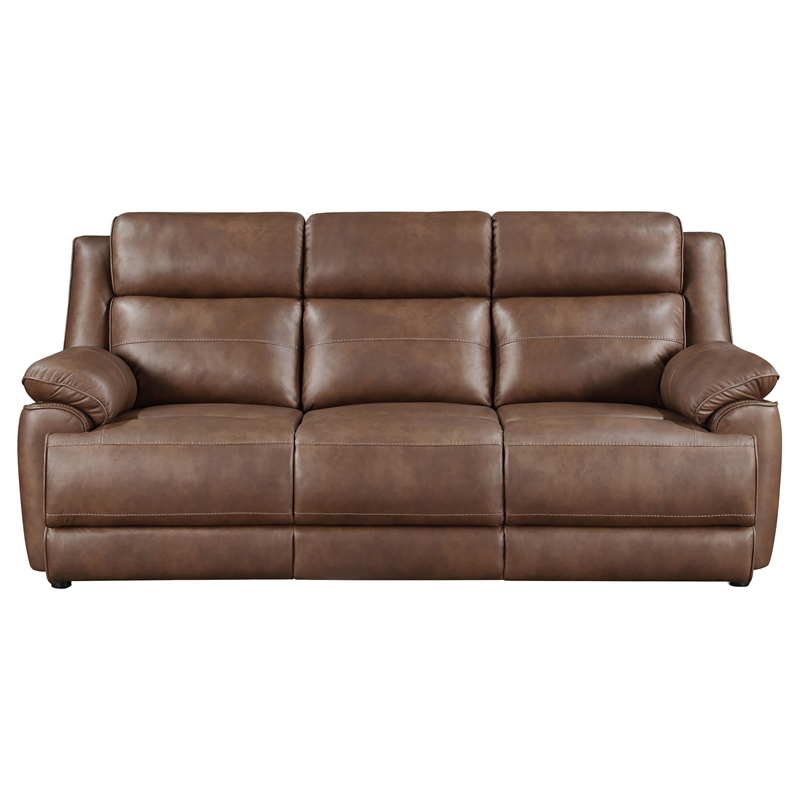 Pemberly Row Faux Leather Upholstered Padded Arm Sofa Dark Brown