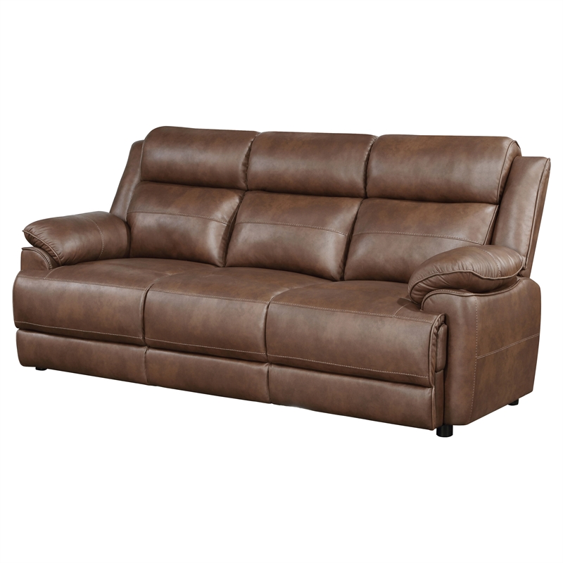 Pemberly Row Faux Leather Upholstered Padded Arm Sofa Dark Brown