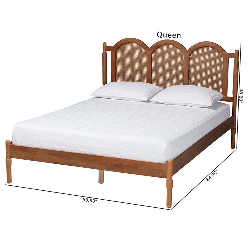 Pemberly Row Brown Wood Queen Size Platform Bed with Woven Rattan