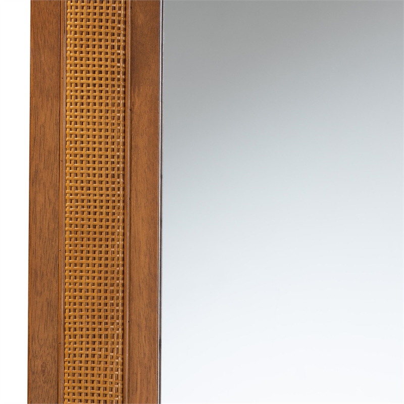 Pemberly Row Walnut Brown Rubberwood and Rattan Frame Wall Mirror