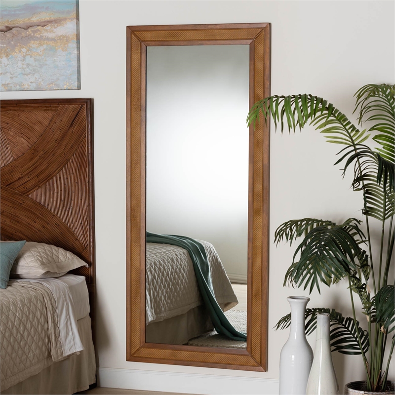 Pemberly Row Walnut Brown Rubberwood and Rattan Frame Wall Mirror