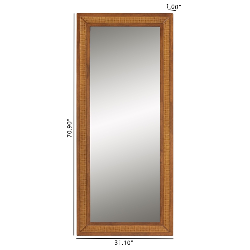 Pemberly Row Walnut Brown Rubberwood and Rattan Frame Wall Mirror